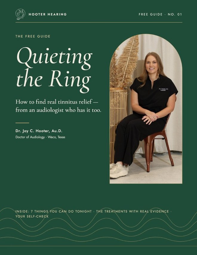 Cover of Quieting the Ring, a free tinnitus guide by Dr. Joy Hooter, Au.D. of Hooter Hearing